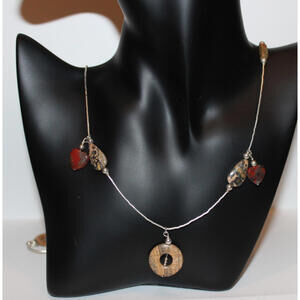 Vintage Jasper Stone Charm Necklace Long 38" Boho Artisan Heart Pendant